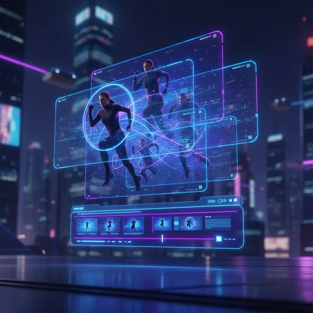 Visualisasi proses kolaborasi antara klien dan jasa video AI menggunakan contoh referensi.[/id]